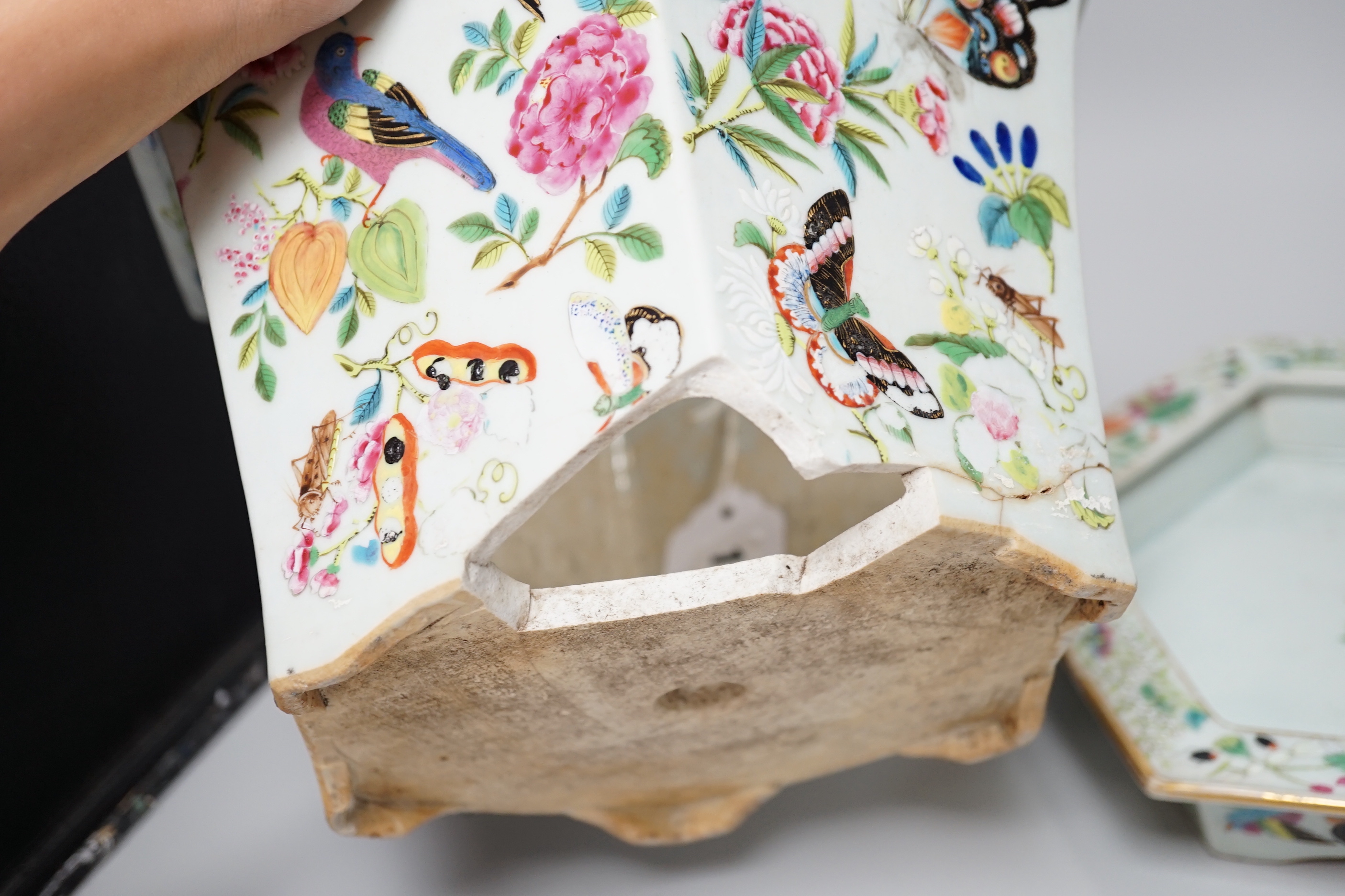 A 19th century Chinese Canton decorated famille rose hexagonal planter a/f and stand, 18.5cm high